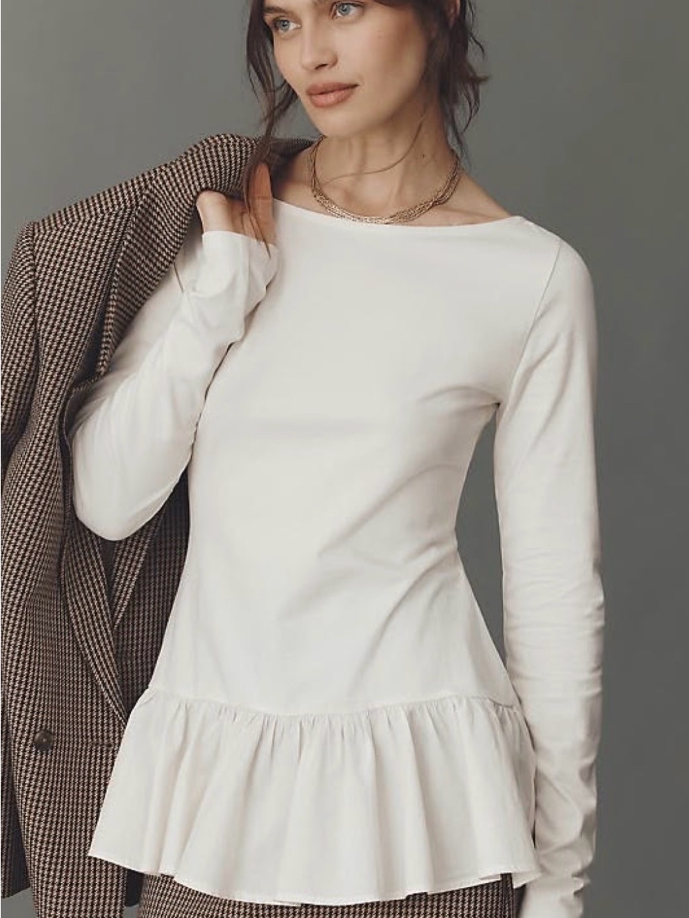Anthropologie Cream Long-Sleeve Peplum Hem Dress